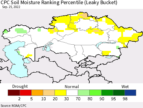 Kazakhstan CPC Soil Moisture Ranking Percentile (Leaky Bucket) Thematic Map For 9/21/2022 - 9/25/2022