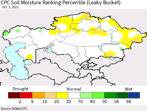 Kazakhstan CPC Soil Moisture Ranking Percentile (Leaky Bucket) Thematic Map For 10/1/2022 - 10/5/2022