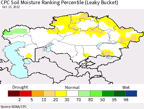 Kazakhstan CPC Soil Moisture Ranking Percentile (Leaky Bucket) Thematic Map For 10/11/2022 - 10/15/2022