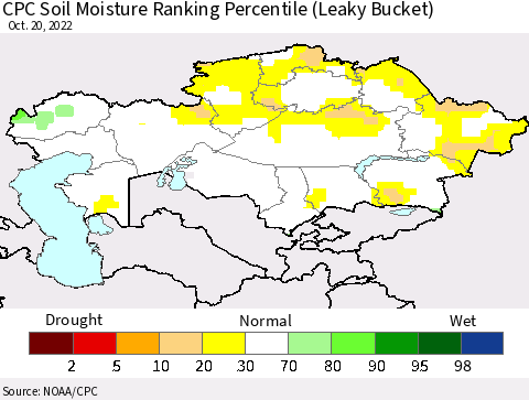 Kazakhstan CPC Soil Moisture Ranking Percentile (Leaky Bucket) Thematic Map For 10/16/2022 - 10/20/2022