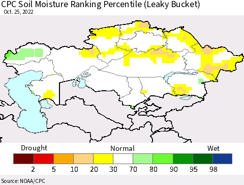 Kazakhstan CPC Soil Moisture Ranking Percentile (Leaky Bucket) Thematic Map For 10/21/2022 - 10/25/2022