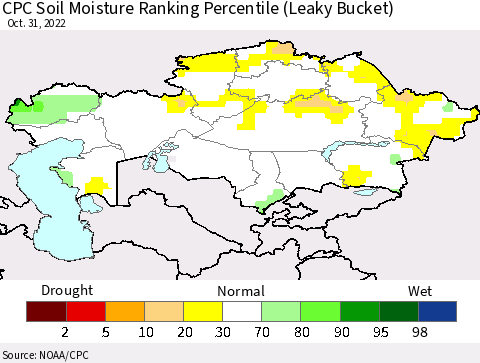 Kazakhstan CPC Soil Moisture Ranking Percentile (Leaky Bucket) Thematic Map For 10/26/2022 - 10/31/2022