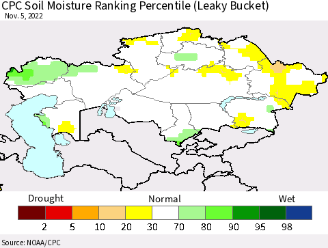 Kazakhstan CPC Soil Moisture Ranking Percentile (Leaky Bucket) Thematic Map For 11/1/2022 - 11/5/2022