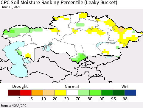Kazakhstan CPC Soil Moisture Ranking Percentile (Leaky Bucket) Thematic Map For 11/6/2022 - 11/10/2022