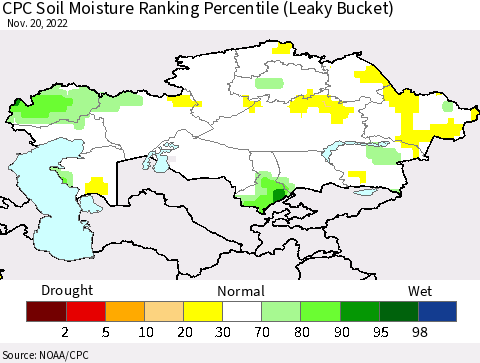 Kazakhstan CPC Soil Moisture Ranking Percentile (Leaky Bucket) Thematic Map For 11/16/2022 - 11/20/2022