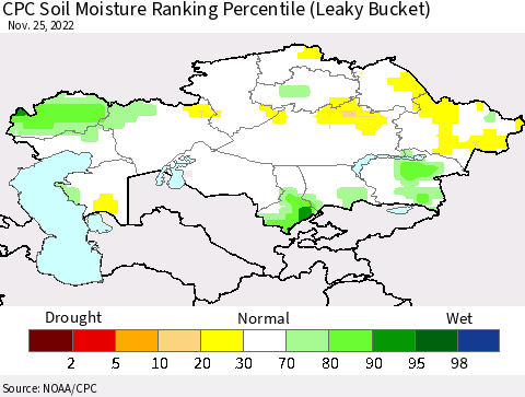 Kazakhstan CPC Soil Moisture Ranking Percentile (Leaky Bucket) Thematic Map For 11/21/2022 - 11/25/2022