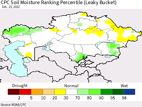 Kazakhstan CPC Soil Moisture Ranking Percentile (Leaky Bucket) Thematic Map For 12/21/2022 - 12/25/2022