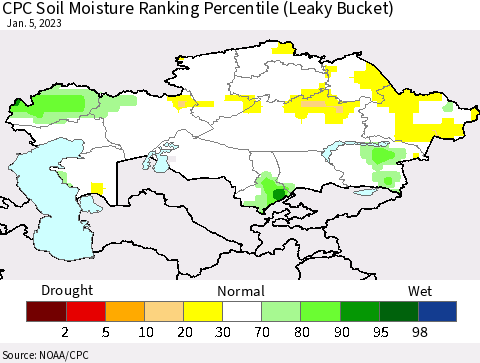 Kazakhstan CPC Soil Moisture Ranking Percentile (Leaky Bucket) Thematic Map For 1/1/2023 - 1/5/2023