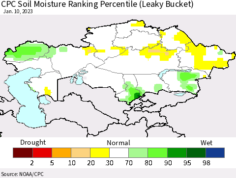 Kazakhstan CPC Soil Moisture Ranking Percentile (Leaky Bucket) Thematic Map For 1/6/2023 - 1/10/2023