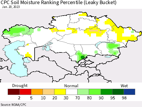 Kazakhstan CPC Soil Moisture Ranking Percentile (Leaky Bucket) Thematic Map For 1/16/2023 - 1/20/2023