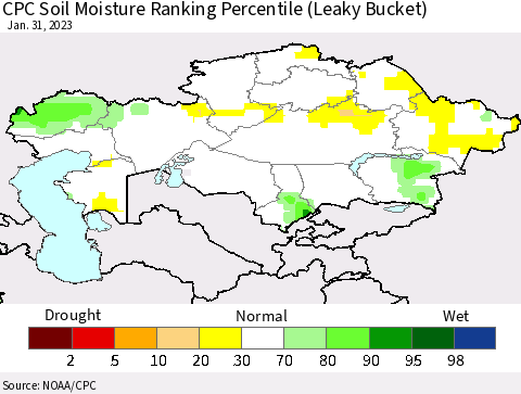 Kazakhstan CPC Soil Moisture Ranking Percentile (Leaky Bucket) Thematic Map For 1/26/2023 - 1/31/2023