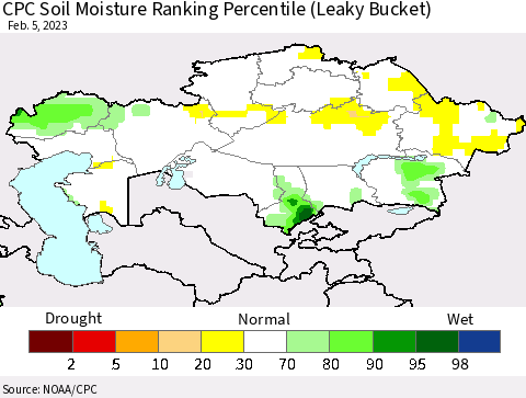 Kazakhstan CPC Soil Moisture Ranking Percentile (Leaky Bucket) Thematic Map For 2/1/2023 - 2/5/2023