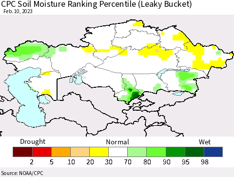 Kazakhstan CPC Soil Moisture Ranking Percentile (Leaky Bucket) Thematic Map For 2/6/2023 - 2/10/2023
