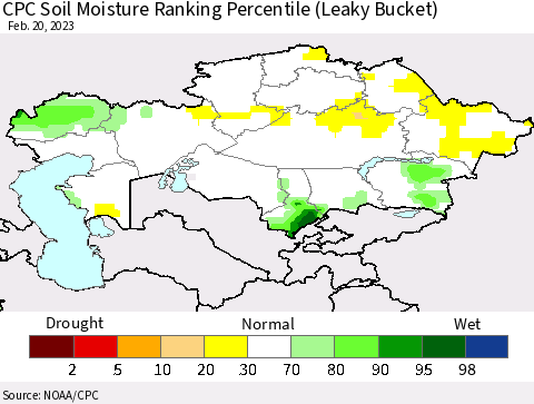 Kazakhstan CPC Soil Moisture Ranking Percentile (Leaky Bucket) Thematic Map For 2/16/2023 - 2/20/2023