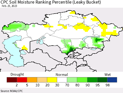 Kazakhstan CPC Soil Moisture Ranking Percentile (Leaky Bucket) Thematic Map For 2/21/2023 - 2/25/2023