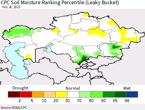Kazakhstan CPC Soil Moisture Ranking Percentile (Leaky Bucket) Thematic Map For 2/26/2023 - 2/28/2023