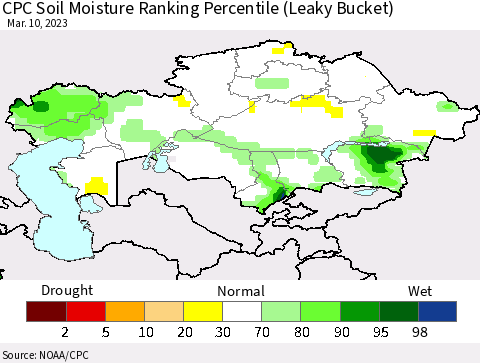 Kazakhstan CPC Soil Moisture Ranking Percentile (Leaky Bucket) Thematic Map For 3/6/2023 - 3/10/2023