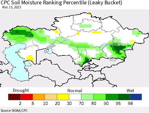 Kazakhstan CPC Soil Moisture Ranking Percentile (Leaky Bucket) Thematic Map For 3/11/2023 - 3/15/2023