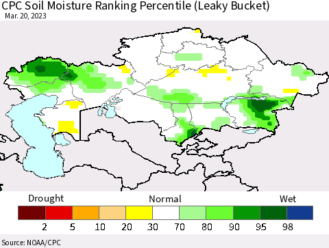 Kazakhstan CPC Soil Moisture Ranking Percentile (Leaky Bucket) Thematic Map For 3/16/2023 - 3/20/2023