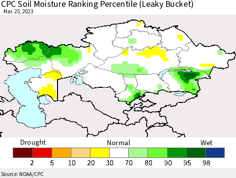 Kazakhstan CPC Soil Moisture Ranking Percentile (Leaky Bucket) Thematic Map For 3/21/2023 - 3/25/2023