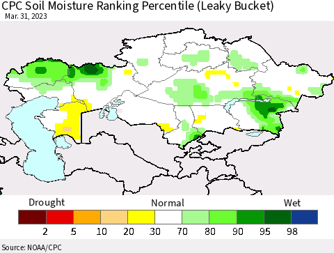Kazakhstan CPC Soil Moisture Ranking Percentile (Leaky Bucket) Thematic Map For 3/26/2023 - 3/31/2023
