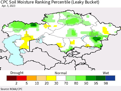 Kazakhstan CPC Soil Moisture Ranking Percentile (Leaky Bucket) Thematic Map For 4/1/2023 - 4/5/2023