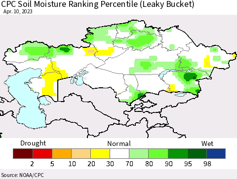 Kazakhstan CPC Soil Moisture Ranking Percentile (Leaky Bucket) Thematic Map For 4/6/2023 - 4/10/2023