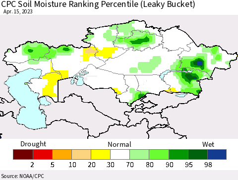 Kazakhstan CPC Soil Moisture Ranking Percentile (Leaky Bucket) Thematic Map For 4/11/2023 - 4/15/2023