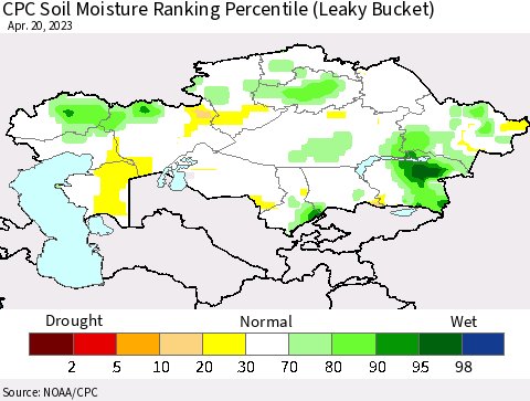 Kazakhstan CPC Soil Moisture Ranking Percentile (Leaky Bucket) Thematic Map For 4/16/2023 - 4/20/2023