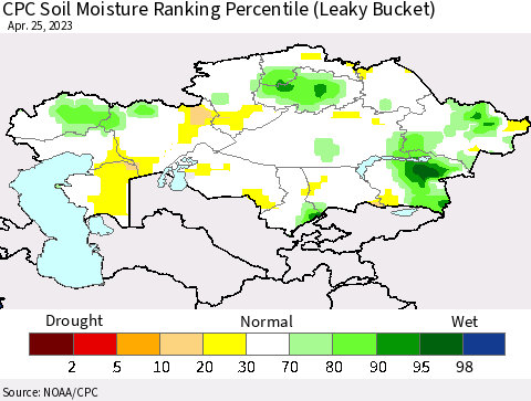 Kazakhstan CPC Soil Moisture Ranking Percentile (Leaky Bucket) Thematic Map For 4/21/2023 - 4/25/2023