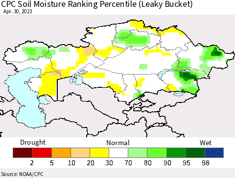 Kazakhstan CPC Soil Moisture Ranking Percentile (Leaky Bucket) Thematic Map For 4/26/2023 - 4/30/2023
