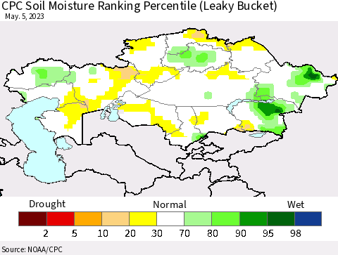 Kazakhstan CPC Soil Moisture Ranking Percentile (Leaky Bucket) Thematic Map For 5/1/2023 - 5/5/2023