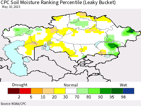 Kazakhstan CPC Soil Moisture Ranking Percentile (Leaky Bucket) Thematic Map For 5/6/2023 - 5/10/2023