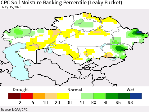 Kazakhstan CPC Soil Moisture Ranking Percentile (Leaky Bucket) Thematic Map For 5/11/2023 - 5/15/2023
