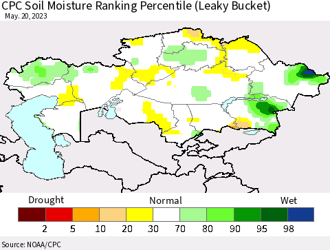 Kazakhstan CPC Soil Moisture Ranking Percentile (Leaky Bucket) Thematic Map For 5/16/2023 - 5/20/2023