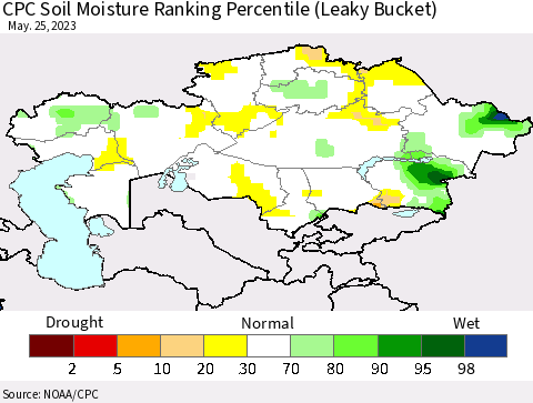 Kazakhstan CPC Soil Moisture Ranking Percentile (Leaky Bucket) Thematic Map For 5/21/2023 - 5/25/2023