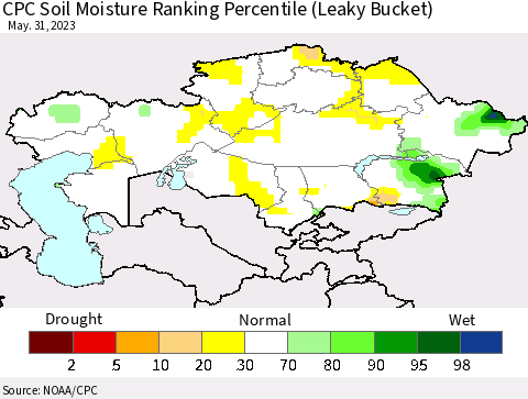 Kazakhstan CPC Soil Moisture Ranking Percentile (Leaky Bucket) Thematic Map For 5/26/2023 - 5/31/2023