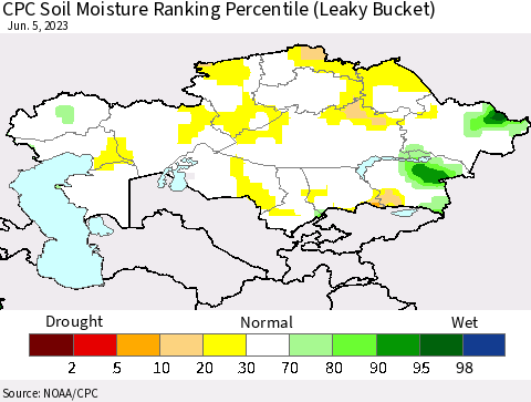 Kazakhstan CPC Soil Moisture Ranking Percentile (Leaky Bucket) Thematic Map For 6/1/2023 - 6/5/2023