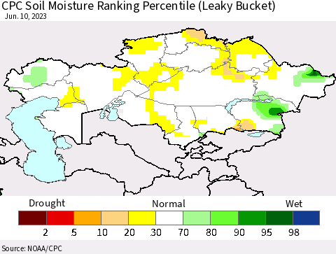 Kazakhstan CPC Soil Moisture Ranking Percentile (Leaky Bucket) Thematic Map For 6/6/2023 - 6/10/2023