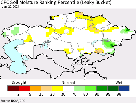 Kazakhstan CPC Soil Moisture Ranking Percentile (Leaky Bucket) Thematic Map For 6/16/2023 - 6/20/2023