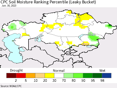 Kazakhstan CPC Soil Moisture Ranking Percentile (Leaky Bucket) Thematic Map For 6/26/2023 - 6/30/2023