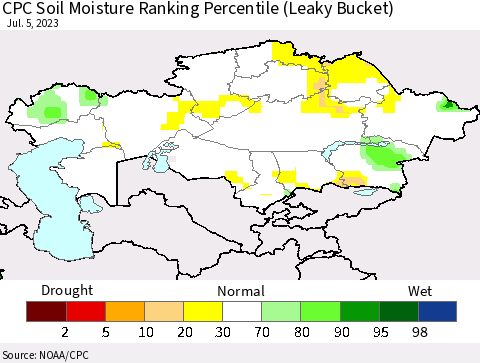 Kazakhstan CPC Soil Moisture Ranking Percentile (Leaky Bucket) Thematic Map For 7/1/2023 - 7/5/2023