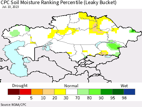 Kazakhstan CPC Soil Moisture Ranking Percentile (Leaky Bucket) Thematic Map For 7/6/2023 - 7/10/2023