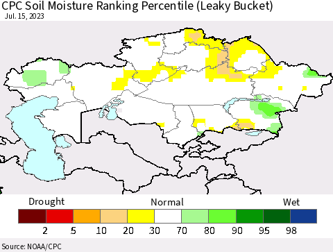 Kazakhstan CPC Soil Moisture Ranking Percentile (Leaky Bucket) Thematic Map For 7/11/2023 - 7/15/2023