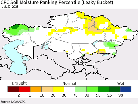 Kazakhstan CPC Soil Moisture Ranking Percentile (Leaky Bucket) Thematic Map For 7/16/2023 - 7/20/2023
