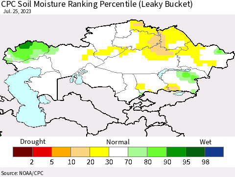 Kazakhstan CPC Soil Moisture Ranking Percentile (Leaky Bucket) Thematic Map For 7/21/2023 - 7/25/2023