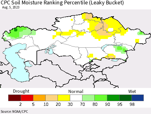Kazakhstan CPC Soil Moisture Ranking Percentile (Leaky Bucket) Thematic Map For 8/1/2023 - 8/5/2023