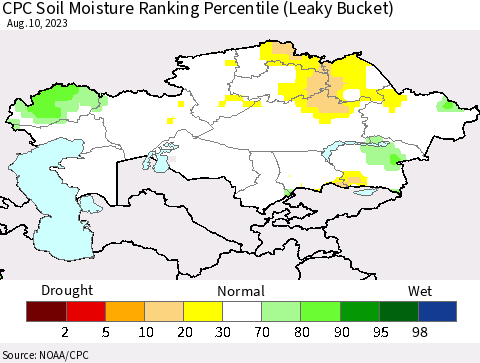 Kazakhstan CPC Soil Moisture Ranking Percentile (Leaky Bucket) Thematic Map For 8/6/2023 - 8/10/2023