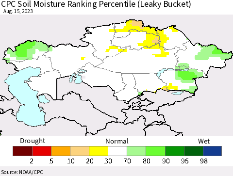 Kazakhstan CPC Soil Moisture Ranking Percentile (Leaky Bucket) Thematic Map For 8/11/2023 - 8/15/2023