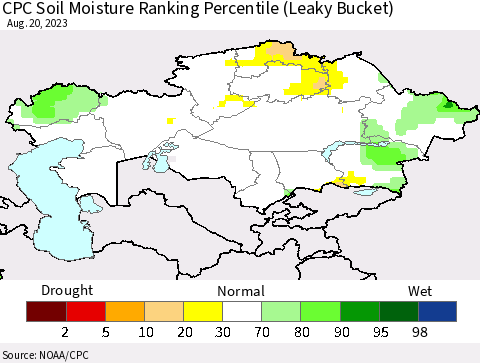 Kazakhstan CPC Soil Moisture Ranking Percentile (Leaky Bucket) Thematic Map For 8/16/2023 - 8/20/2023
